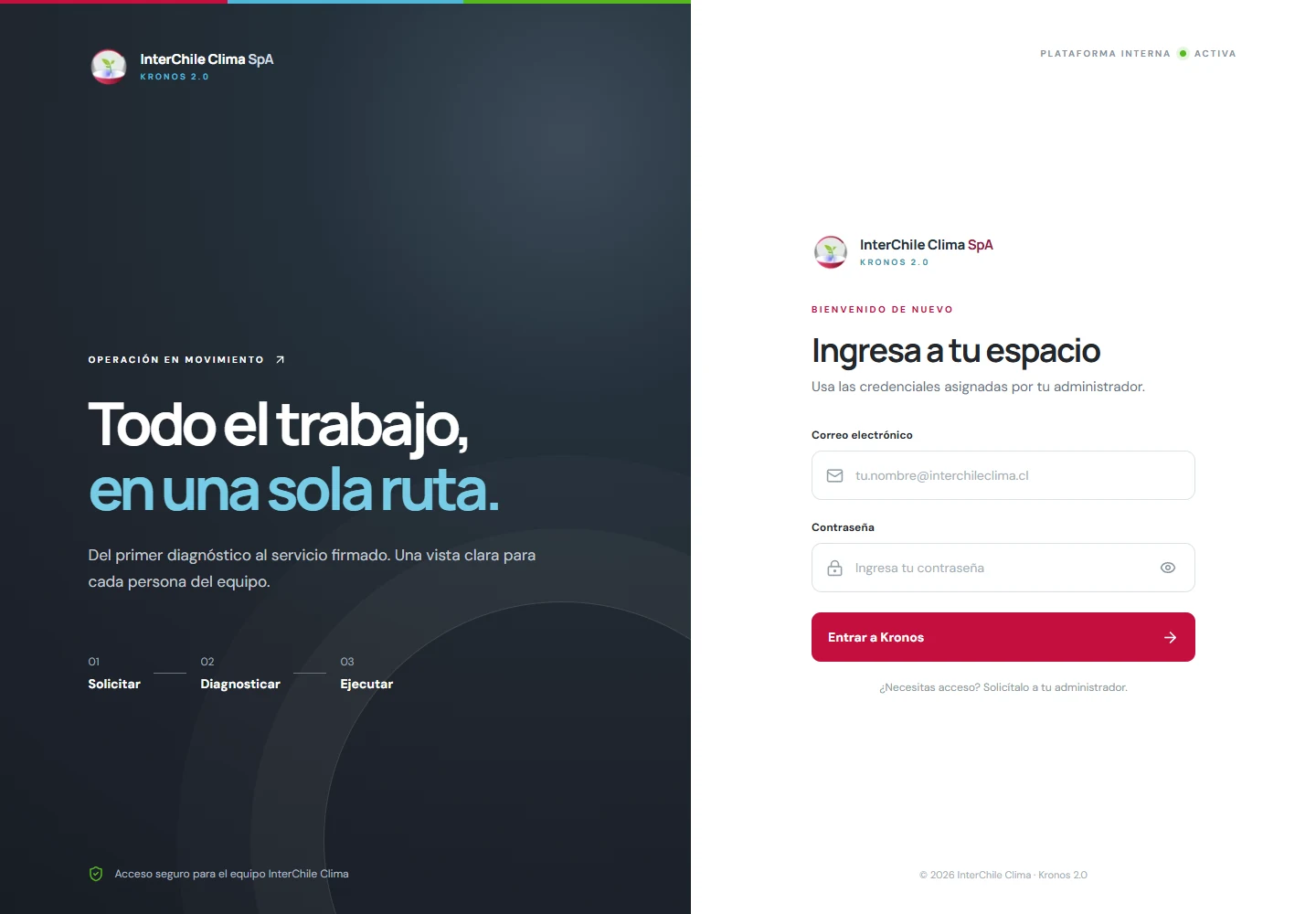 Pantalla pública de ingreso de Kronos 2.0